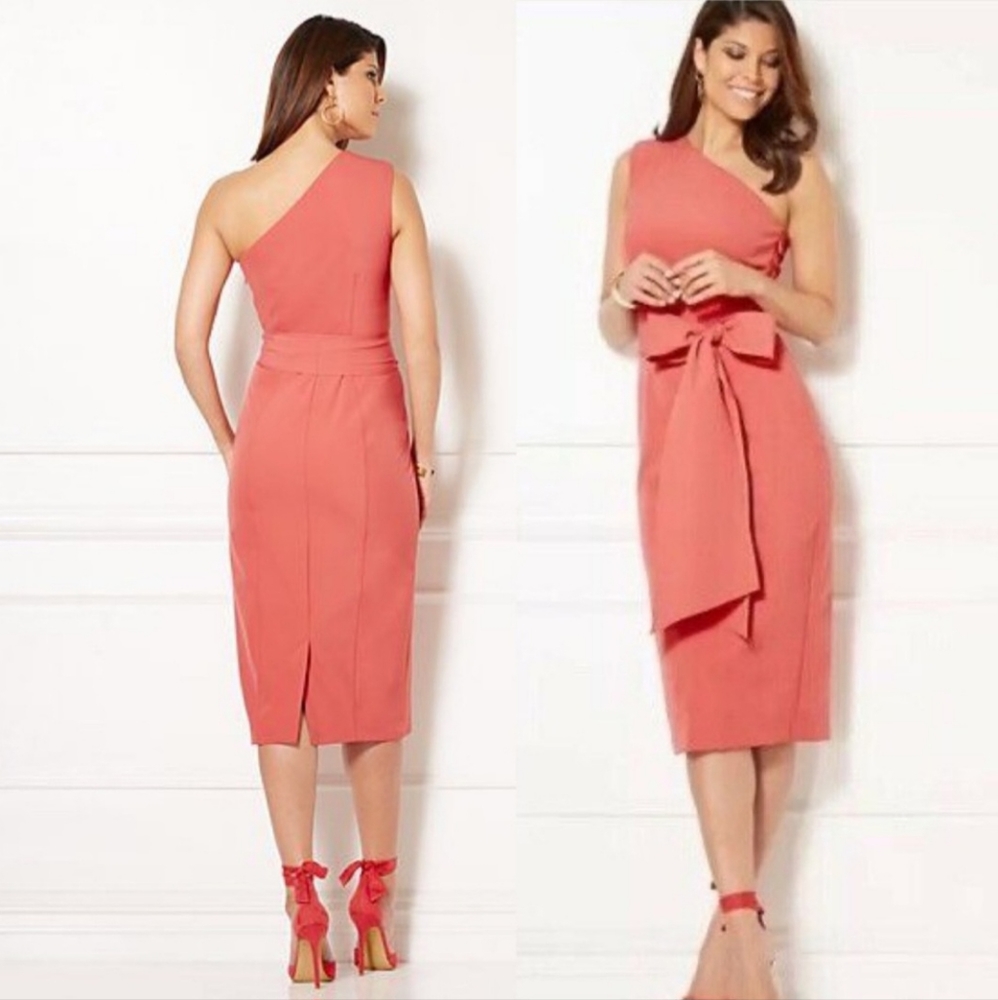 Eva Mendes NYC One Shoulder‎ Bodycon Belted Midi dress 14 NWT